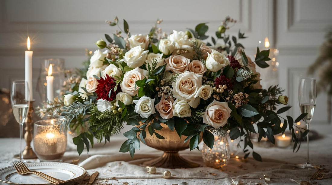 Elegant New Year table centerpiece featuring white and blush roses with greenery in a gold vase, softly lit by candles and champagne glasses to symbolize fresh beginnings